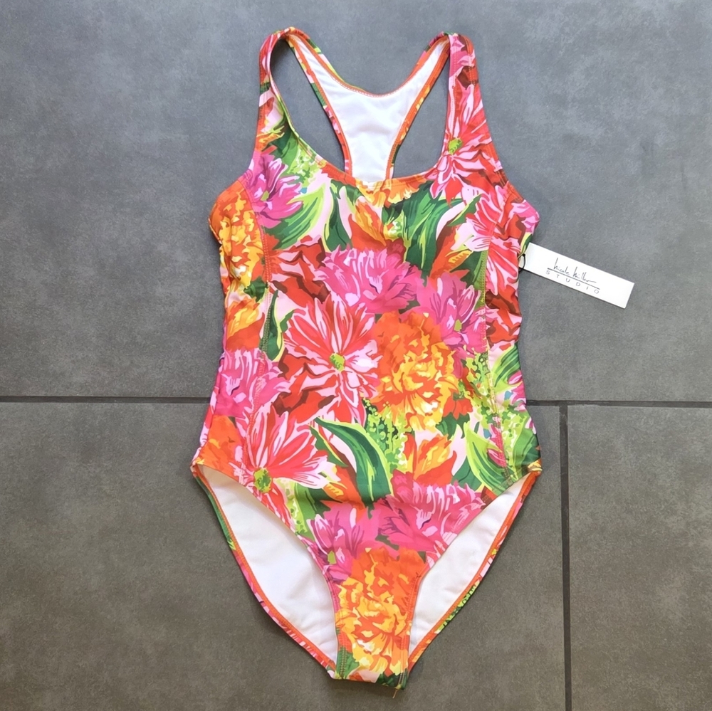 NWT Nicole Miller Floral Racerback One Piece Swimsuit